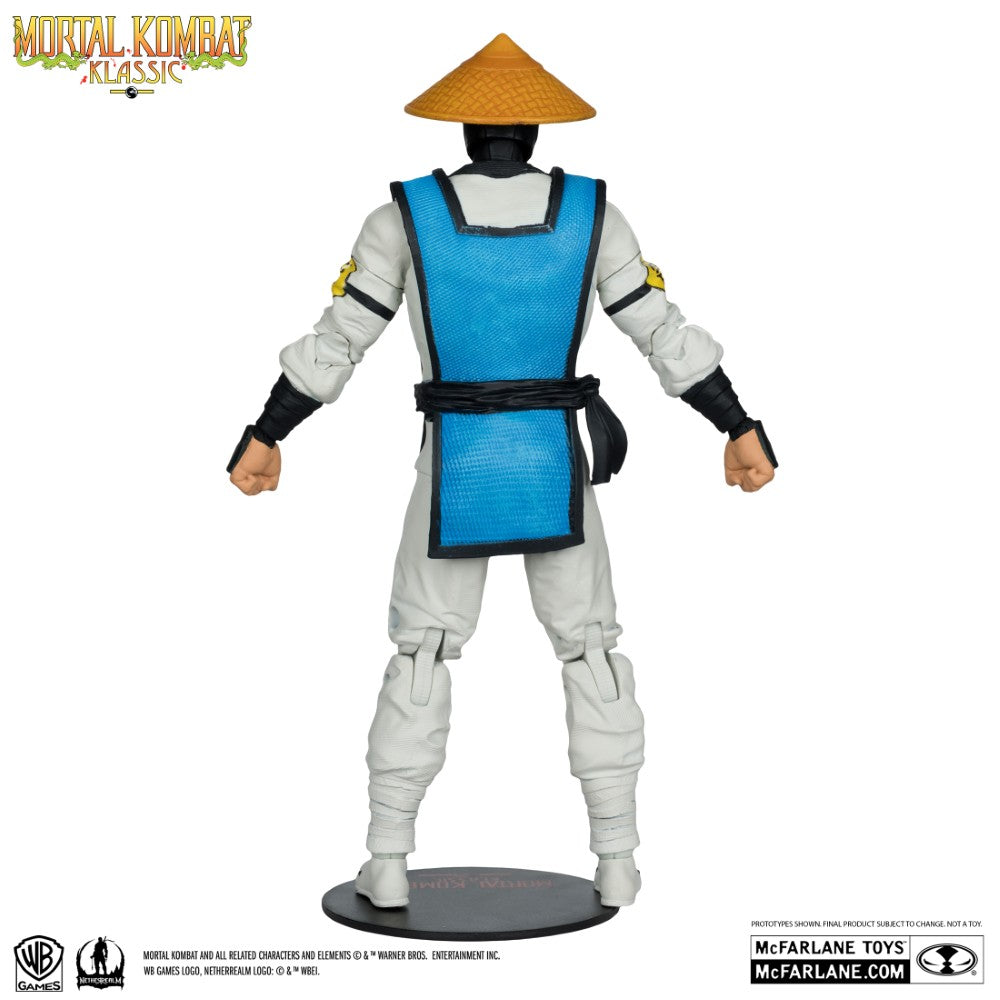 7 inch McFarlane Raiden Mortal Kombat Klassic action figure in white and blue costume with traditional hat back view