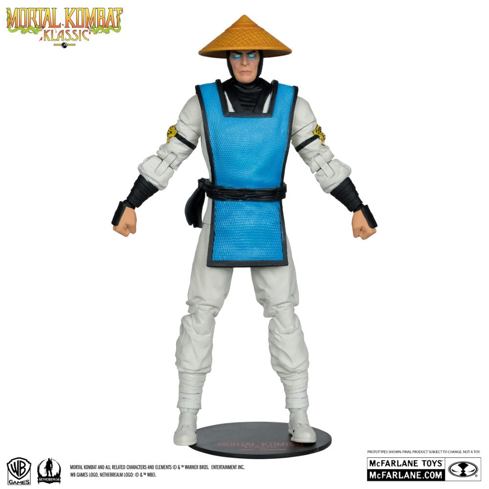 7 inch McFarlane Raiden Mortal Kombat Klassic action figure in blue and white costume with hat on stand
