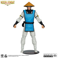 7 inch McFarlane Raiden Mortal Kombat Klassic action figure in blue and white costume with hat on stand