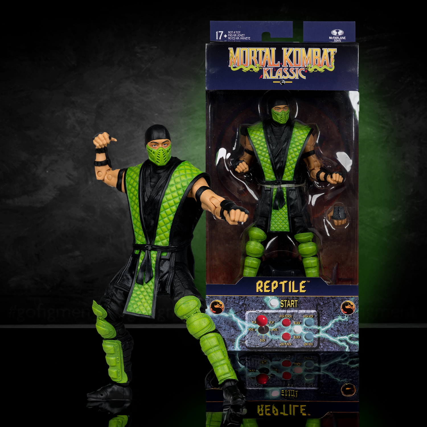 McFarlane Mortal Kombat Klassic Reptile 7 inch action figure with green and black costume and extra hands in box