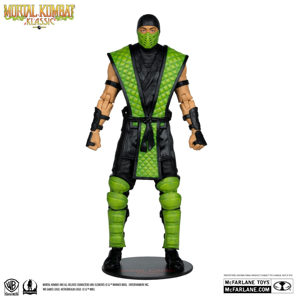 7 inch McFarlane Mortal Kombat Klassic Reptile action figure with green armor and black suit on display stand