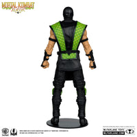 7 inch McFarlane Mortal Kombat Klassic Reptile action figure in green and black ninja outfit back view on stand