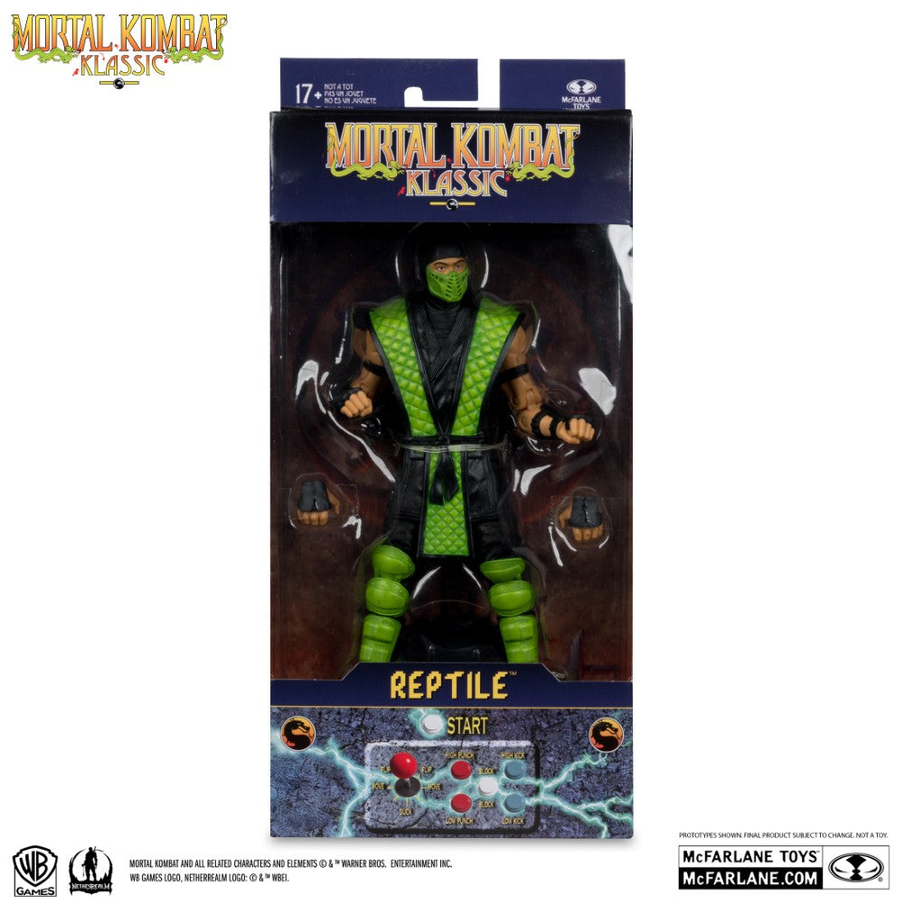 7 inch McFarlane Mortal Kombat Klassic Reptile action figure in green outfit with extra hands in packaging
