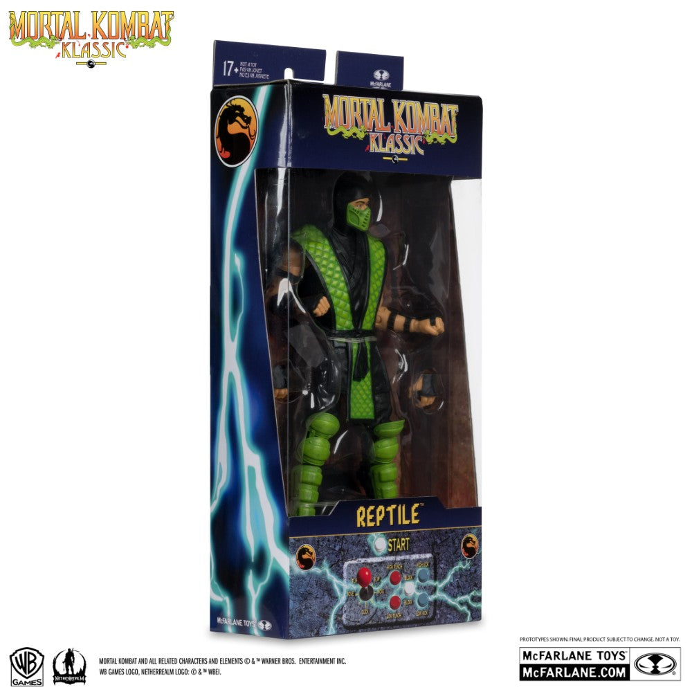 7 inch McFarlane Mortal Kombat Klassic Reptile action figure with green costume in original window box packaging