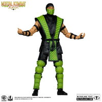 7 inch McFarlane Mortal Kombat Klassic Reptile action figure with green armor and black mask, ultra articulation pose