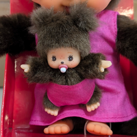 Official Sekiguchi Monchhichi 8-inch Mothercare pink plush doll holding a matching baby monkey, often spelled Monchichi.