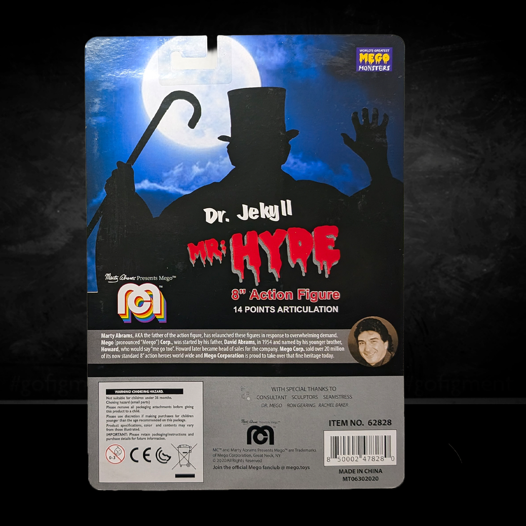 Mr. Hyde Articulated Mego Action Figure 8 inch packaging back showing silhouette and branding by Mego.