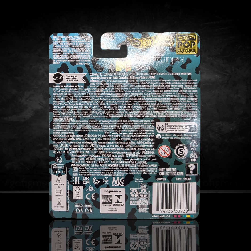Packaging back featuring detailed warnings and branding for 84 Corvette Mtv Hot Wheels Premium Pop Culture Diecast Car Music Television by Mattel