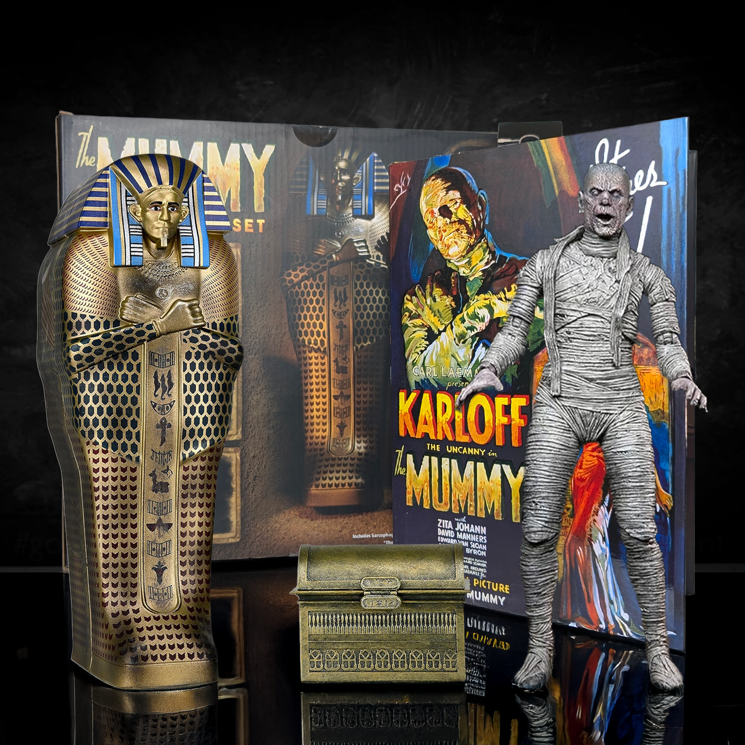 NECA Universal Monsters Ultimate Mummy 7" Figure & Accessory Pack Combo - New with wrapped figure, sarcophagus, and chest display by Neca