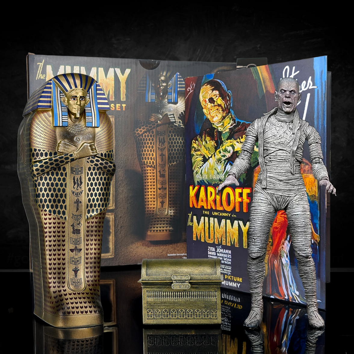 NECA Universal Monsters Ultimate Mummy 7" Figure & Accessory Pack Combo - New with wrapped figure, sarcophagus, and chest display by Neca