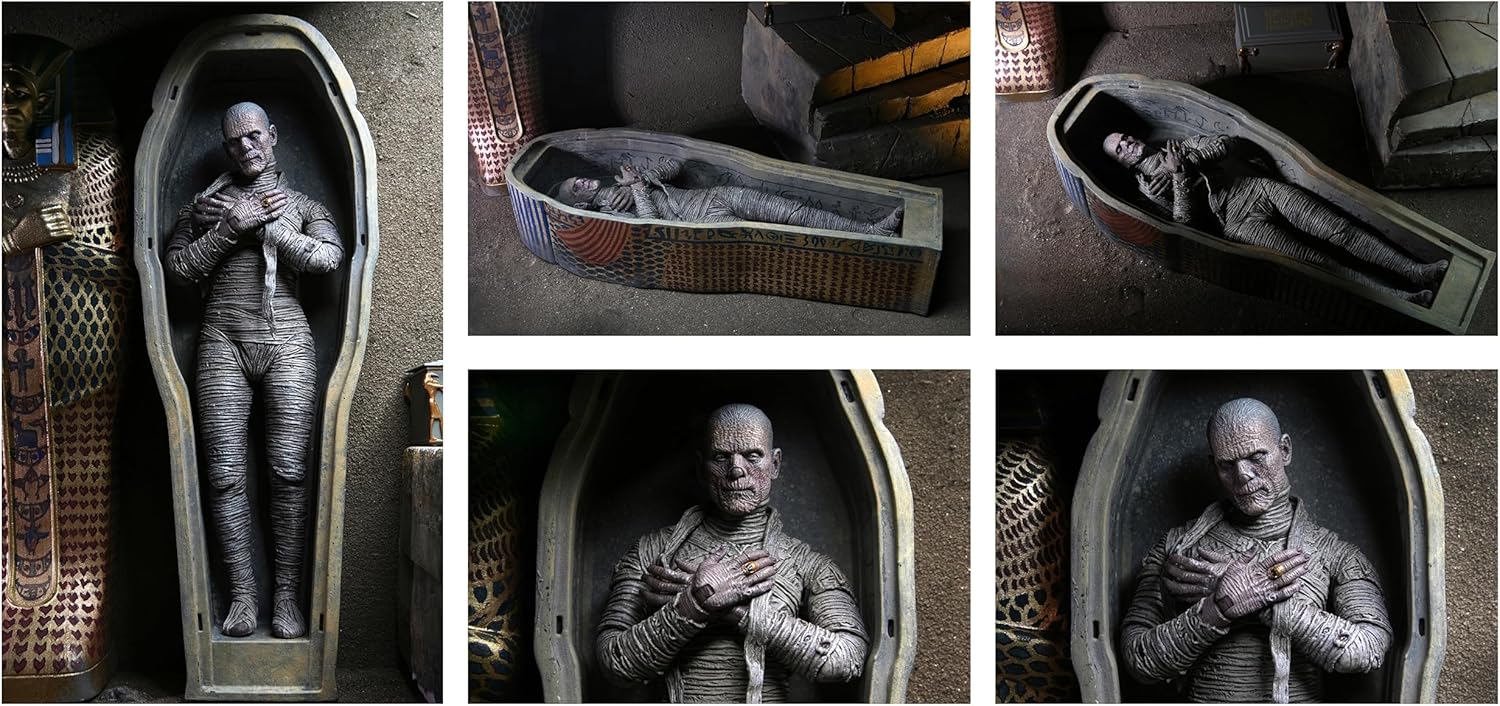 NECA Universal Monsters Ultimate Mummy 7" Figure & Accessory Pack Combo - New, featuring detailed wrapped mummy figure in sarcophagus by Neca