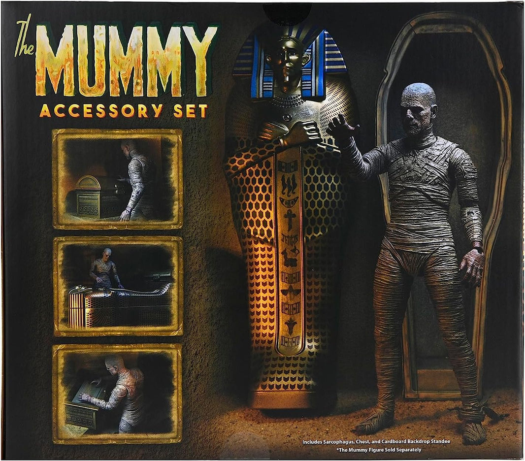 NECA Universal Monsters Ultimate Mummy 7" Figure & Accessory Pack Combo - New with sarcophagus, chest, and display stand