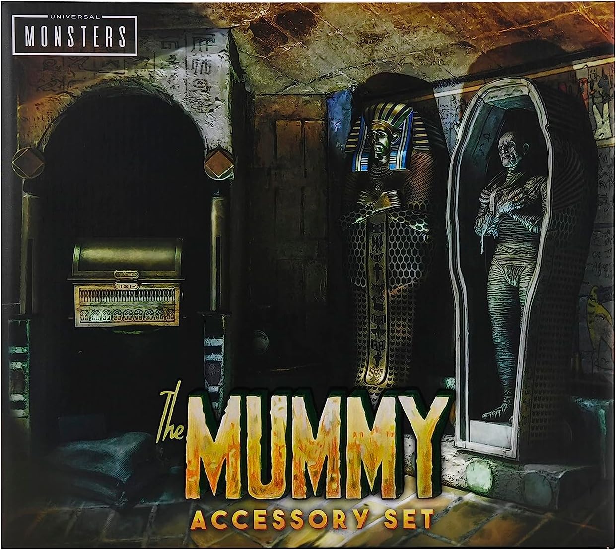 NECA Universal Monsters Ultimate Mummy 7" Figure & Accessory Pack Combo - New in box with sarcophagus and chest display