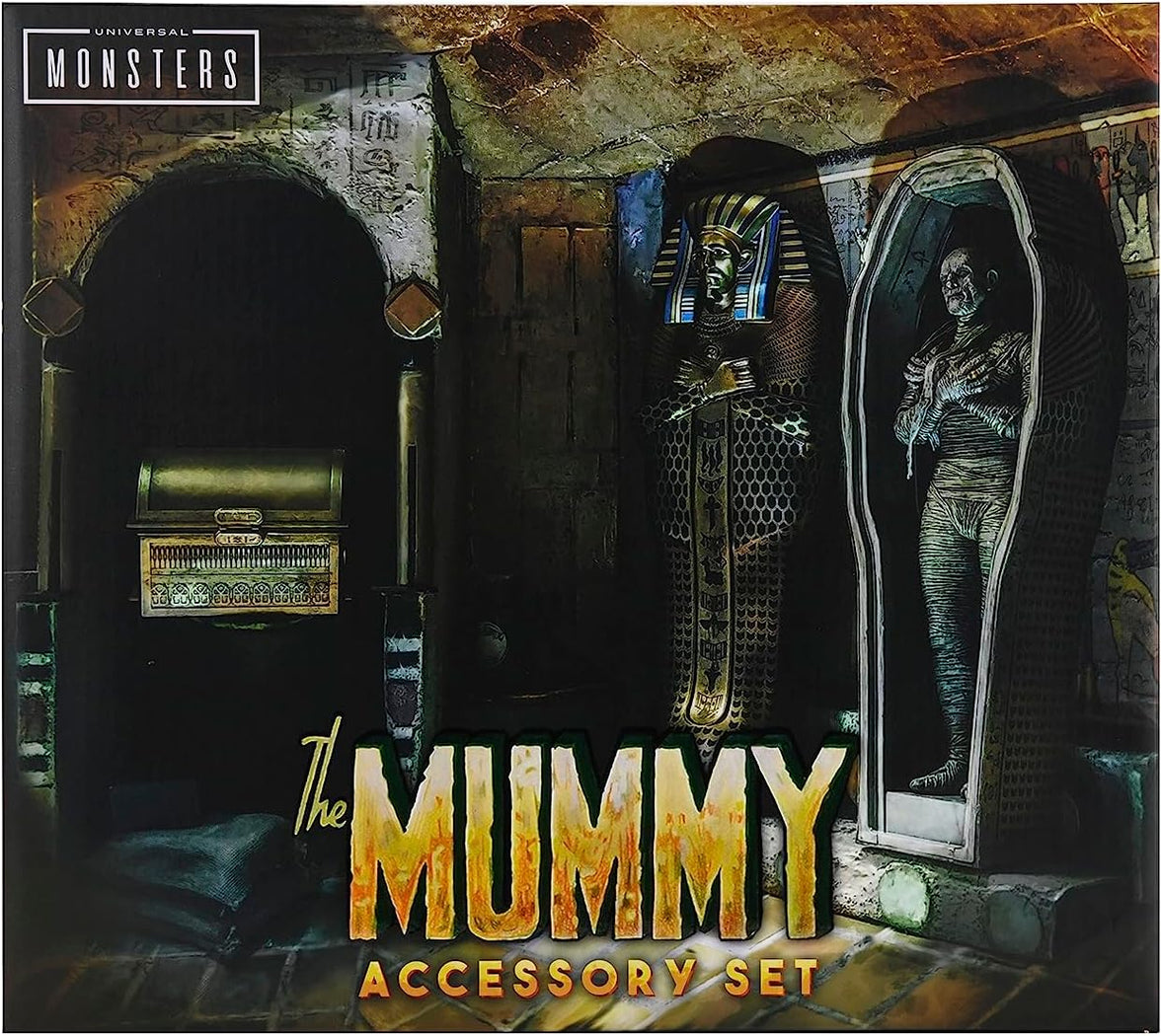 NECA Universal Monsters Ultimate Mummy 7" Figure & Accessory Pack Combo - New in box with sarcophagus and chest display