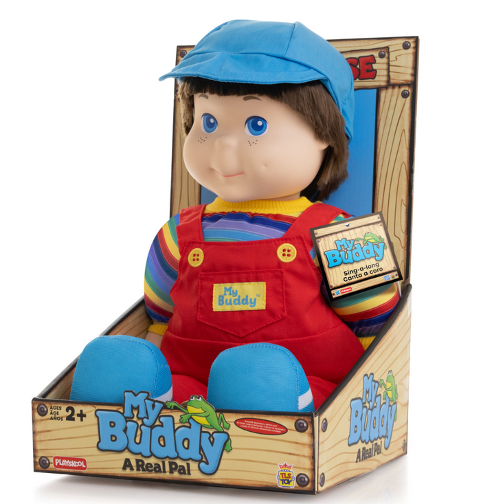 My Buddy Playskool 18-inch doll in red overalls, blue hat, and striped shirt, seated in box packaging.