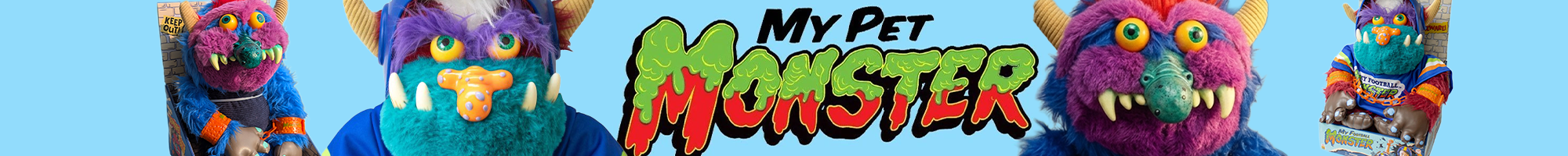 My Pet Monster logo with colorful purple, blue, and pink monster figures on a light blue background