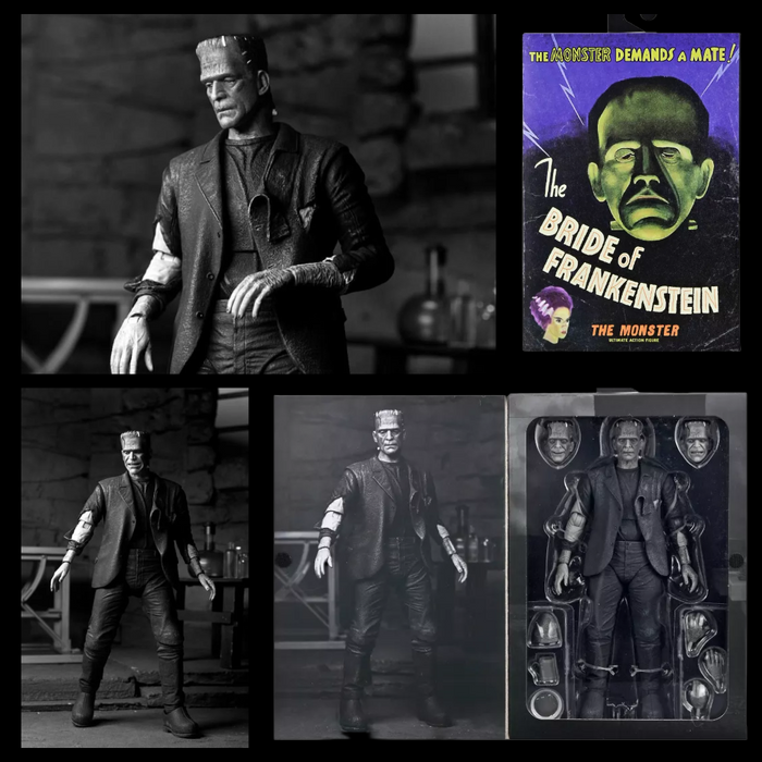 Frankenstein’s Monster B&W Bride of Frankenstein Ultimate Action Figure NECA 7” in black and white with extra hands and accessories new in box