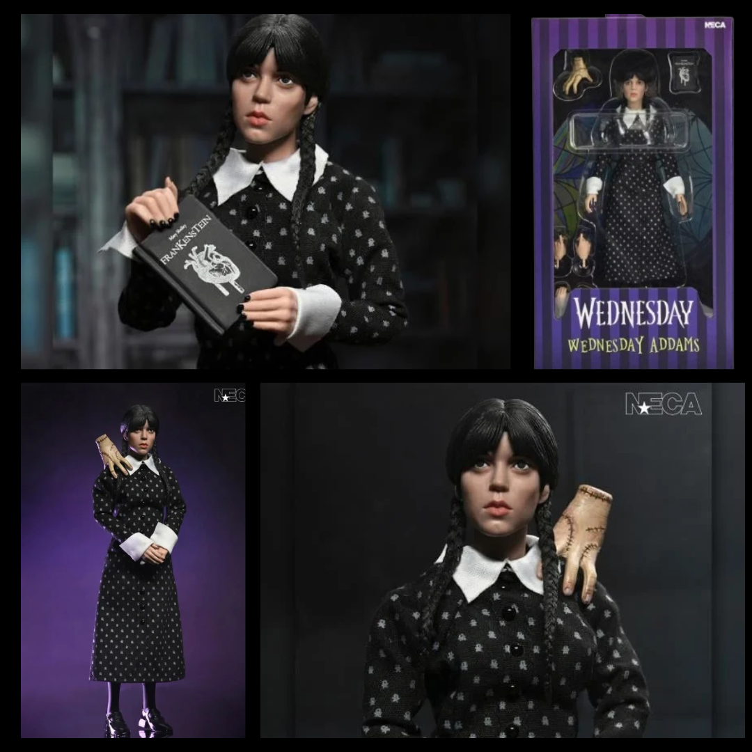 Wednesday Addams Classic Dress 8-Inch Clothed Action Figure NECA new in box with book and hand accessory