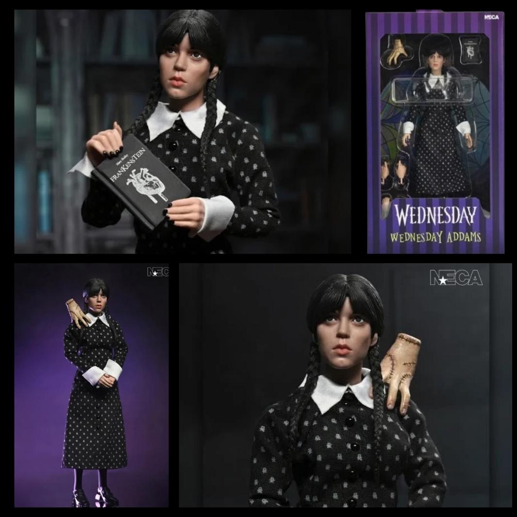 Wednesday Addams Classic Dress 8-Inch Clothed Action Figure NECA new in box with book and hand accessory