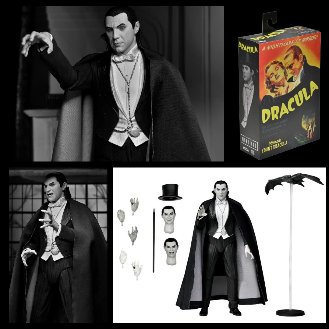 Dracula of Carfax Abbey Black and White 7 inch Neca Action Figure Universal Monsters with accessories and collector packaging new in box