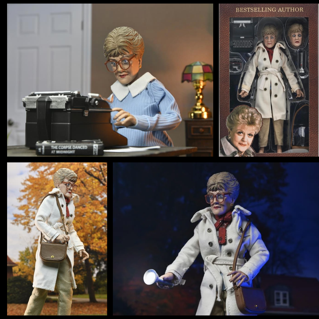Jessica Fletcher Murder She Wrote 8-Inch Clothed Neca Action Figure posed with typewriter and accessories new in box