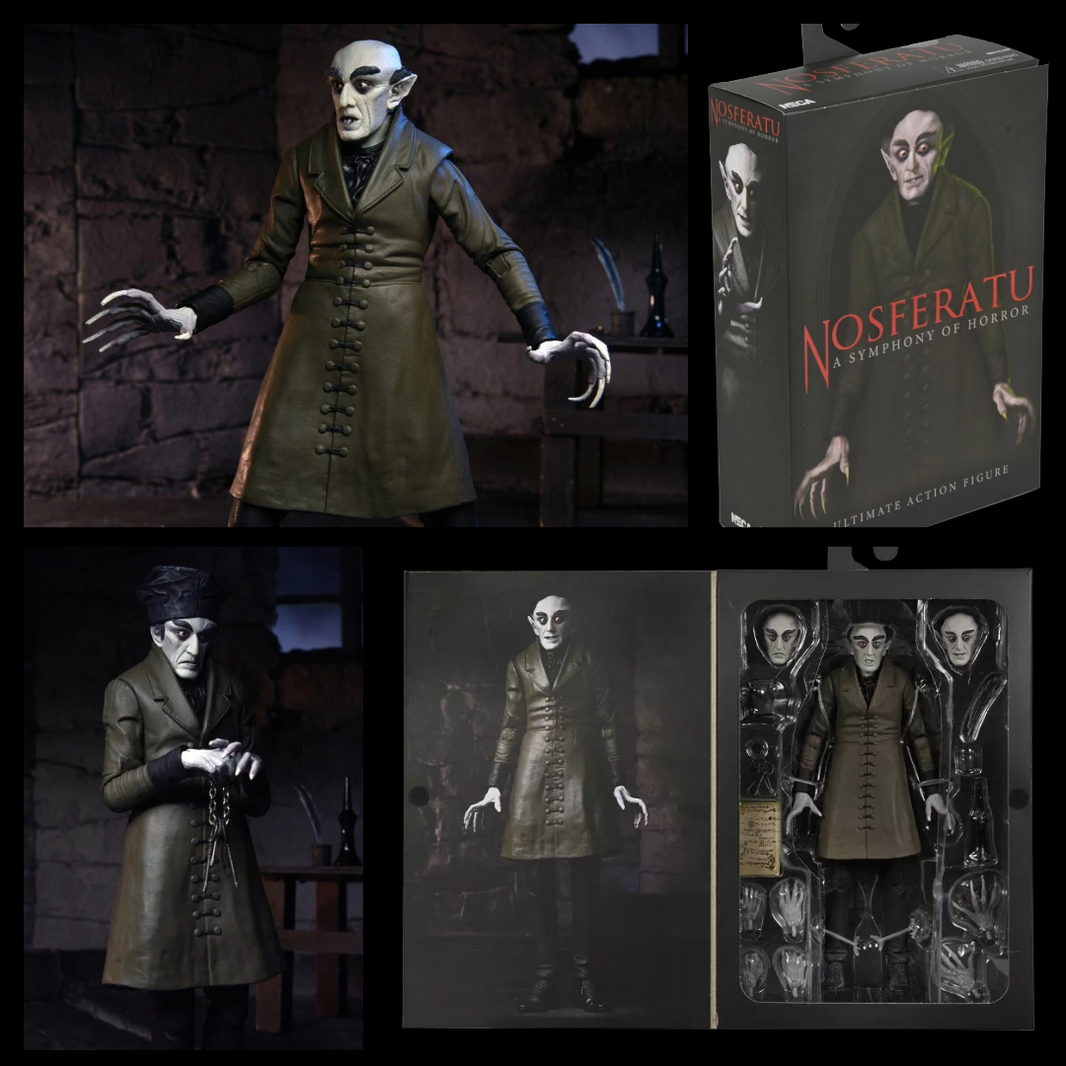 Nosferatu Ultimate Count Orlok Action Figure NECA 7” with multiple hands, heads, and detailed dark coat new in box collectible