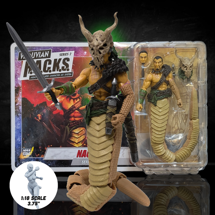 Naga the Serpent Druid -Vitruvian H.A.C.K.S. 1:18 Scale Action Figure by Boss Fight Studio Llc with sword and alternate heads.