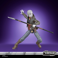 Kenner Star Wars Vintage Collection Nightsister Merrin figure posed with staff and detailed attire on purple background