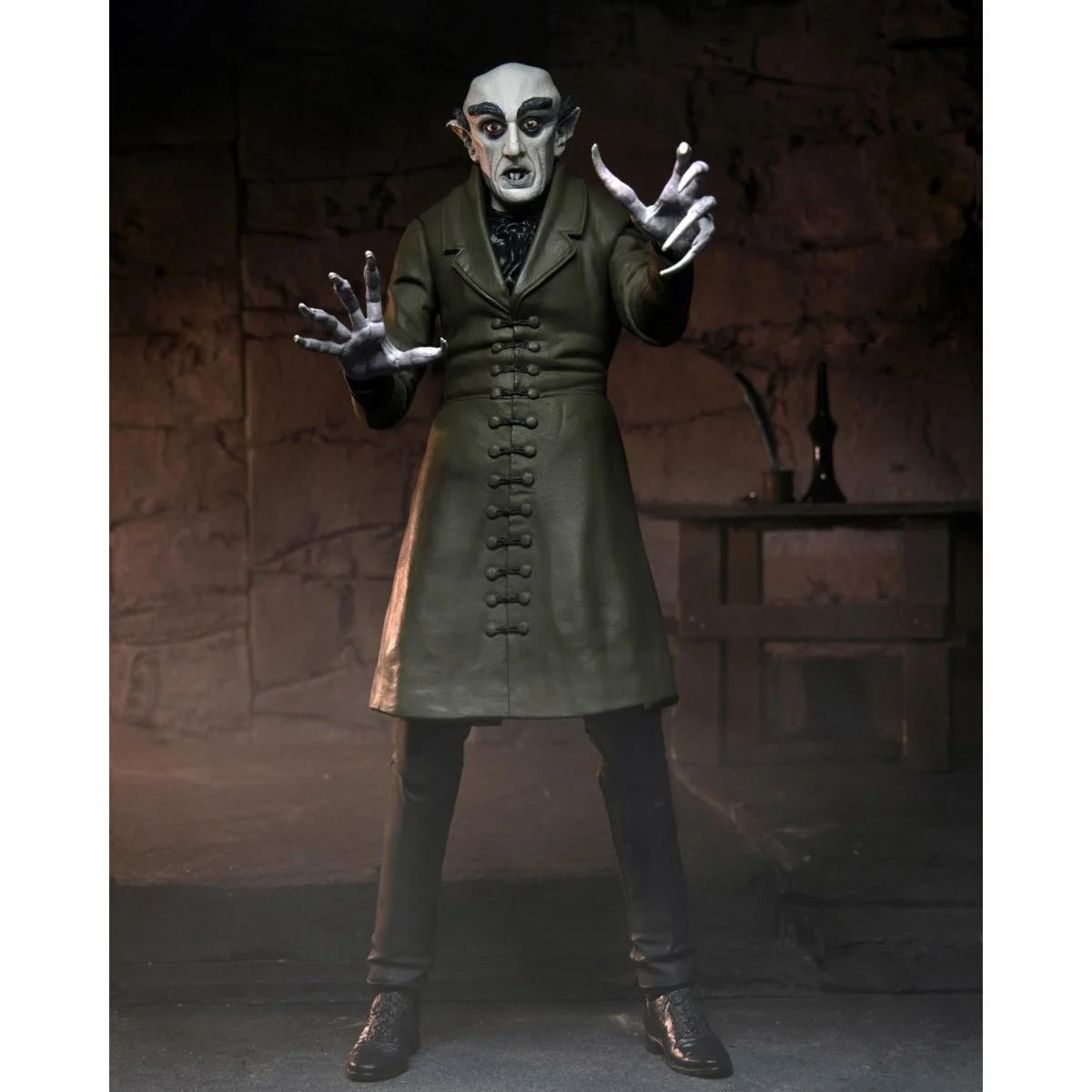 Nosferatu Ultimate Count Orlok Action Figure NECA 7” posed in long coat with pale skin and clawed hands collectible toy