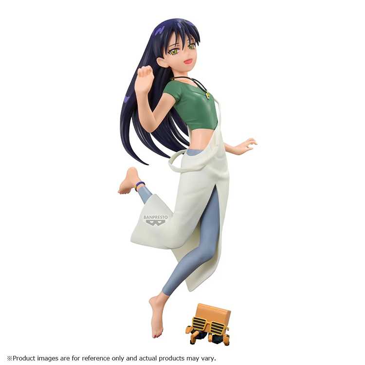 Anime style female character figure with long dark hair, green top, white apron, gray leggings, and a small yellow vehicle
