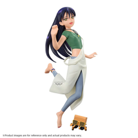 Anime style female character figure with long dark hair, green top, white apron, gray leggings, and a small yellow vehicle