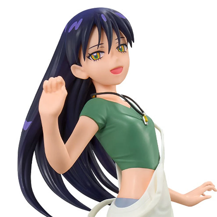 Anime style female character with long dark hair wearing a green top and white apron