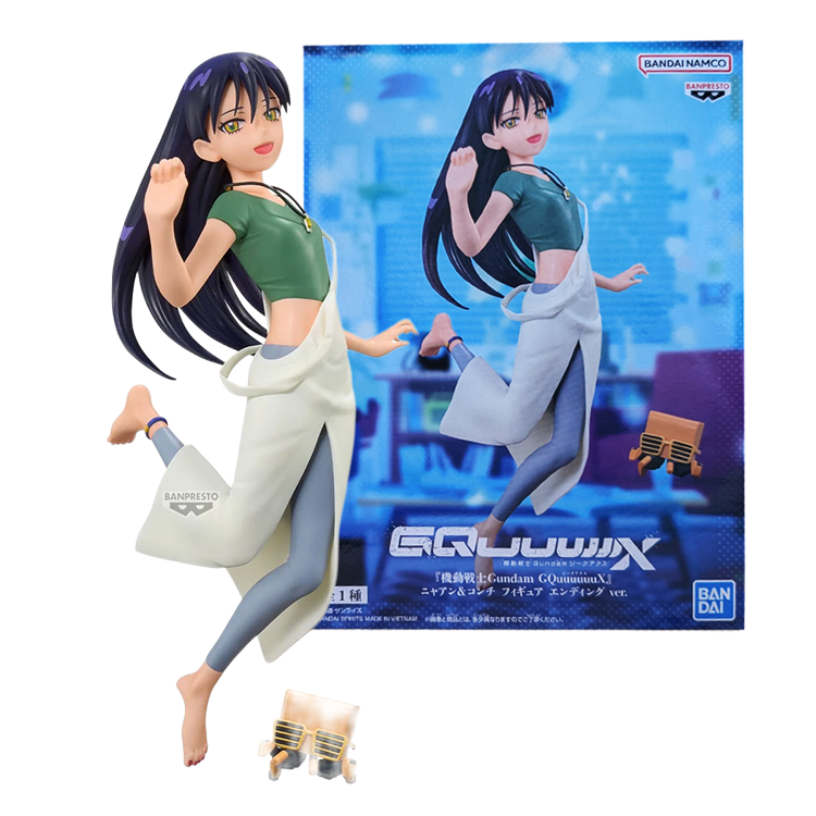 Anime-style female figure in a green top and white skirt beside an illustrated box and miniature accessories