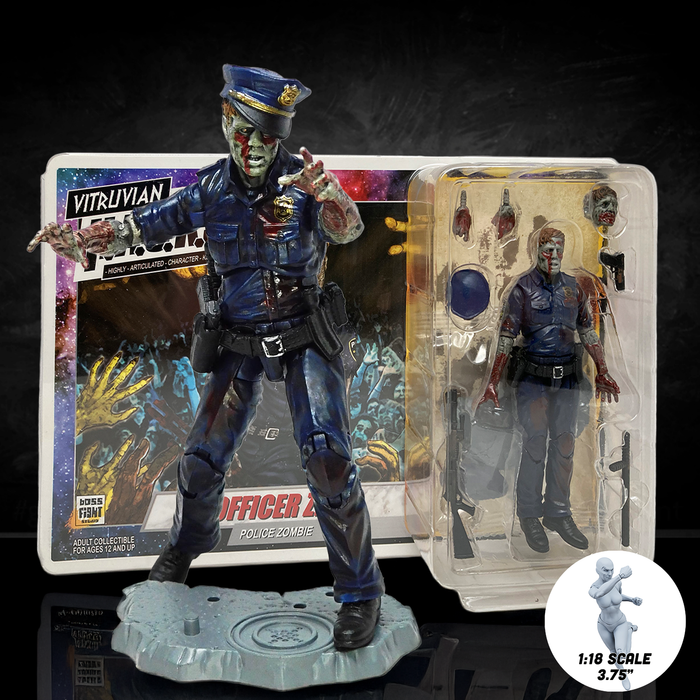 Action figure of a police officer zombie with packaging on a dark background