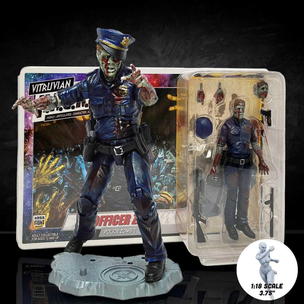 Action figure of a police officer zombie with packaging on a dark background
