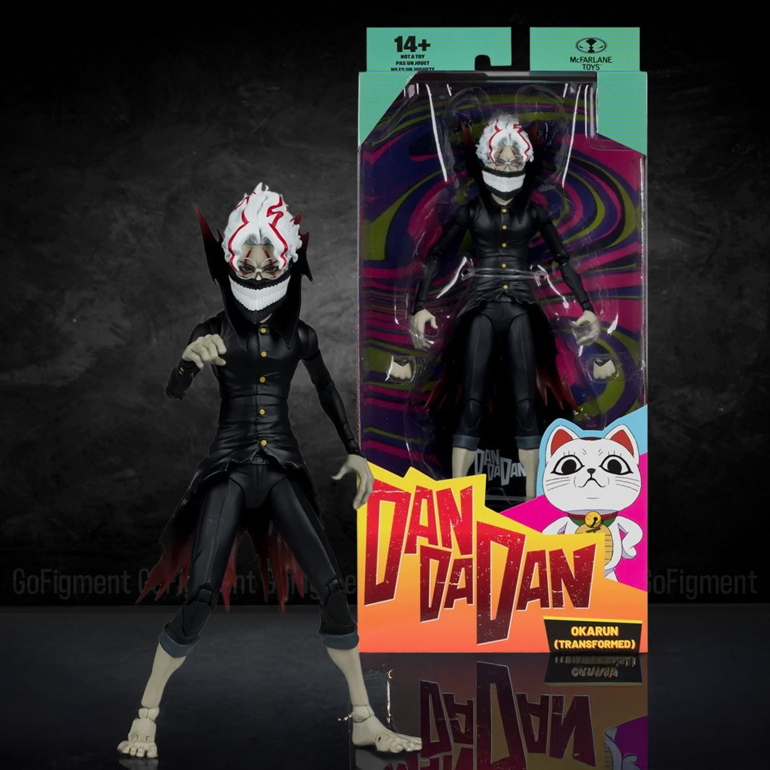 Okarun Transformed Dandadan 1:10 Scale 7" Premium Dandadan Action Figure by Go Figment in black outfit with fiery white mask