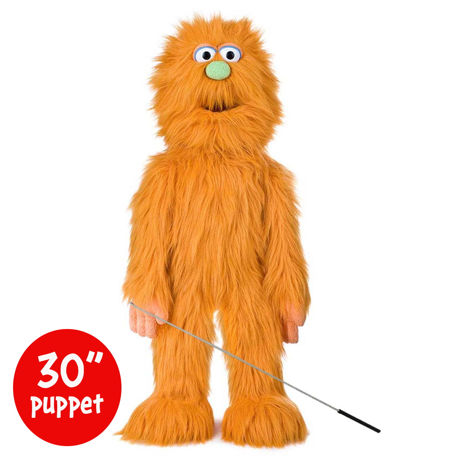Orange furry puppet with a control rod on a white background