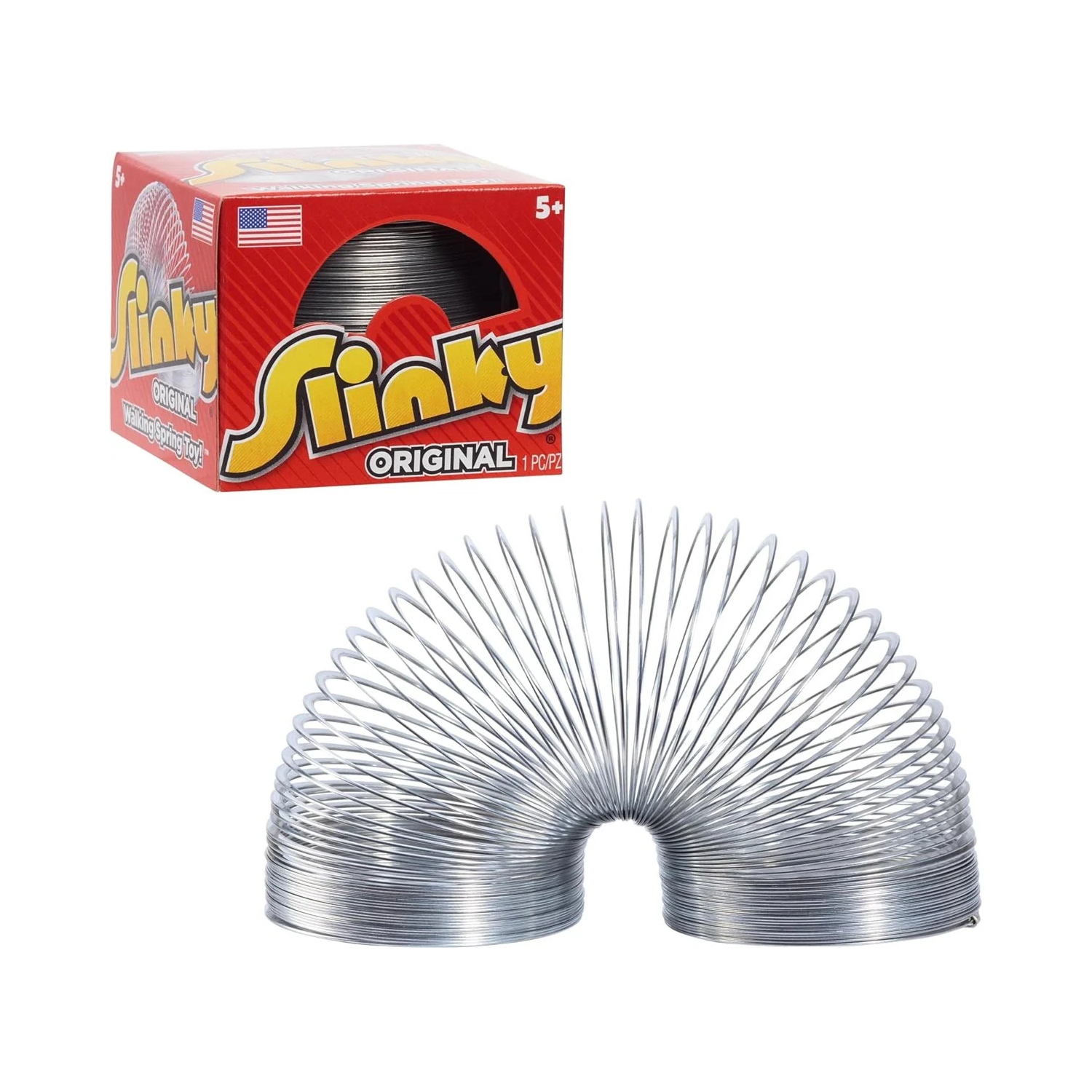 Coiled silver metal spring toy shaped in an arch with red and yellow branded packaging box in background.