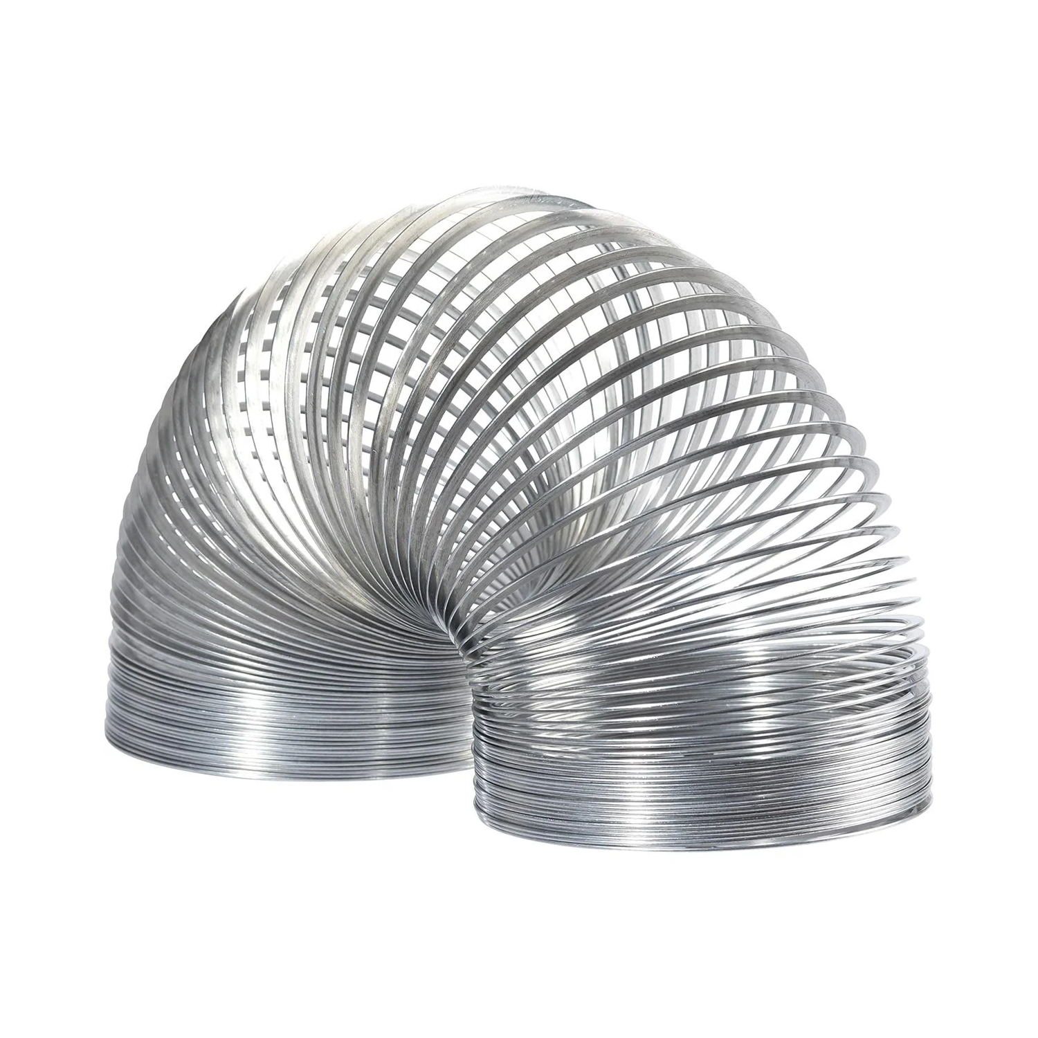 Flexible silver metal coil toy extended in a curved arch shape on plain white background.