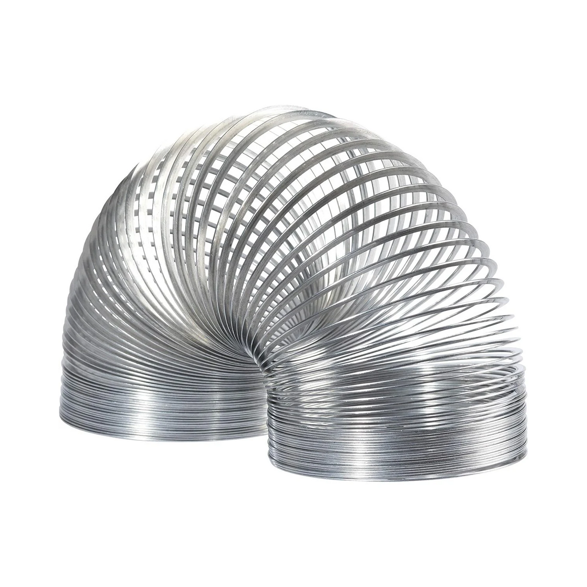 Flexible silver metal coil toy extended in a curved arch shape on plain white background.