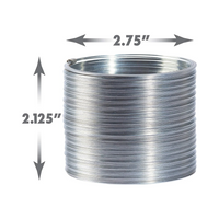 Coiled silver metal spring toy shown with arrows indicating 2.75-inch diameter and 2.125-inch height measurements.
