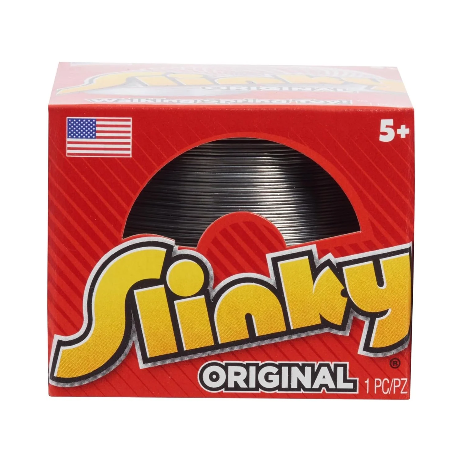 Classic metal coil toy partially visible inside red packaging box with bold yellow and white branding and US flag icon.