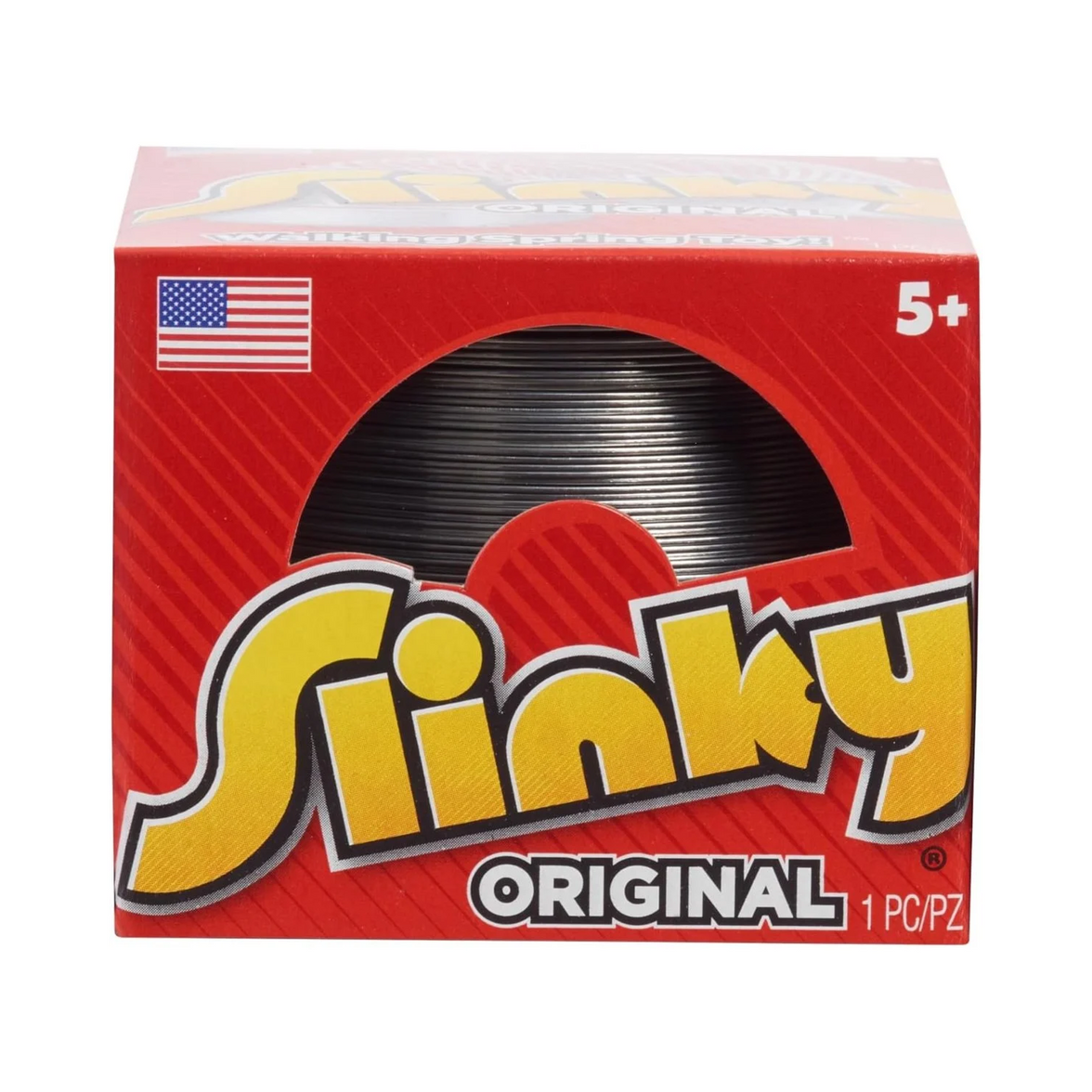 Classic metal coil toy partially visible inside red packaging box with bold yellow and white branding and US flag icon.