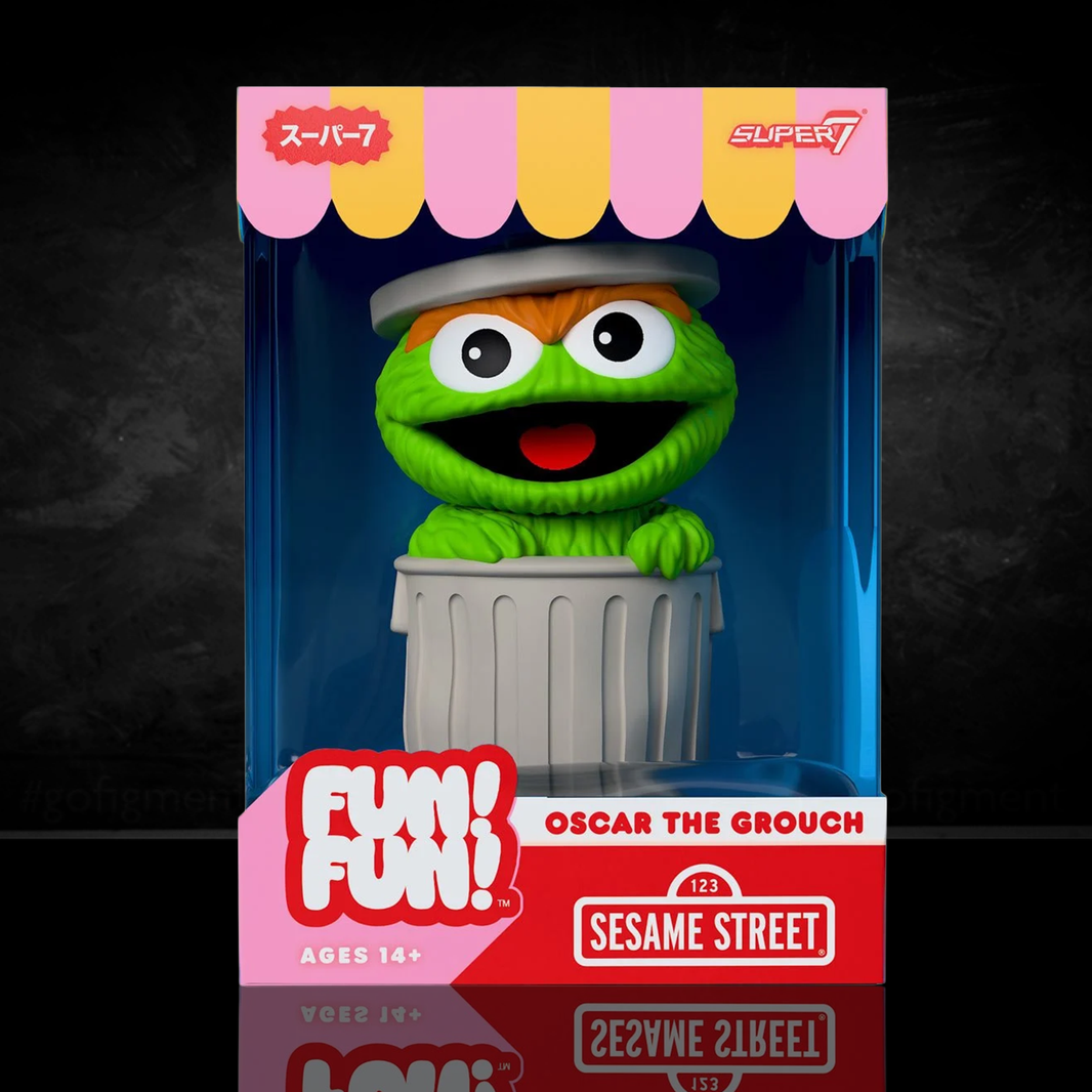 Sesame Street Oscar the Grouch (Green) FUN! FUN! Vinyl Figure new in box collectible by Super7 with trash can design