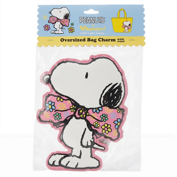Snoopy Floral Bowtie Oversized Bag Charm Stand Peanuts Whatever Co featuring Snoopy with pink floral bowtie charm in packaging