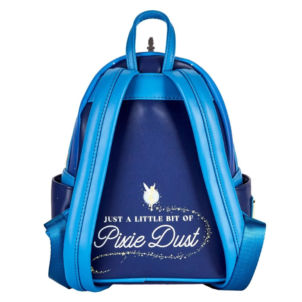 PETER PAN Loungefly Glow-in-the-Dark Tower Disney Mini-Backpack with blue straps and Pixie Dust design by Loungefly