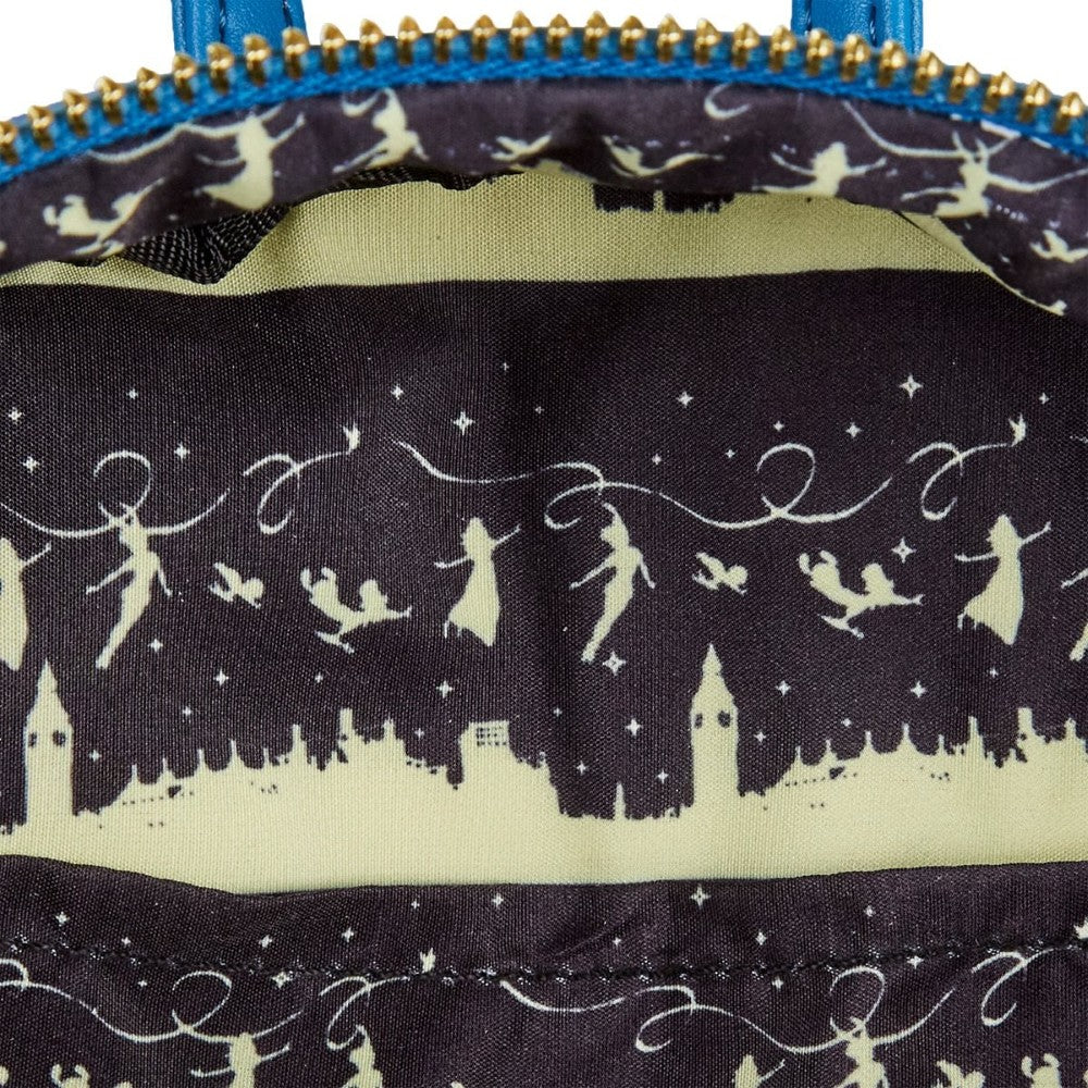 PETER PAN Loungefly Glow-in-the-Dark Tower Disney Mini-Backpack inner lining with flying characters and London skyline pattern by Loungefly