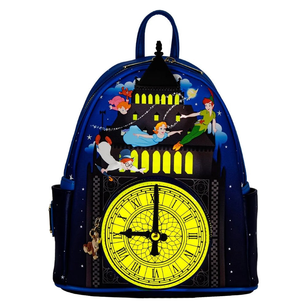PETER PAN Loungefly Glow-in-the-Dark Tower Disney Mini-Backpack with vibrant flying characters and illuminated clock face by Loungefly