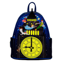 PETER PAN Loungefly Glow-in-the-Dark Tower Disney Mini-Backpack with vibrant flying characters and illuminated clock face by Loungefly
