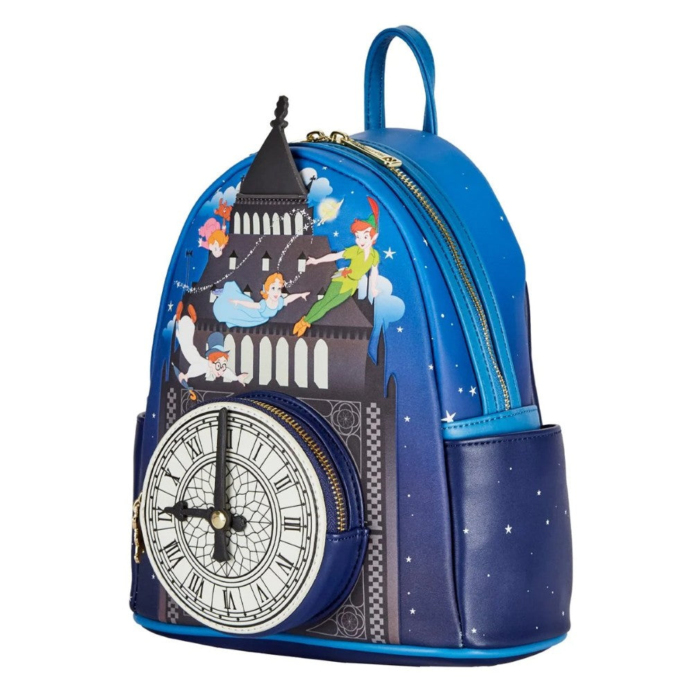 PETER PAN Loungefly Glow-in-the-Dark Tower Disney Mini-Backpack with flying characters and illuminated clock by Loungefly